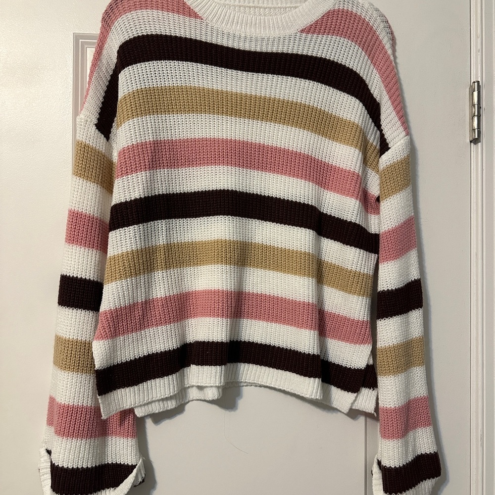 Pink and Brown Striped Crew Neck Sweater with Ribbed Texture